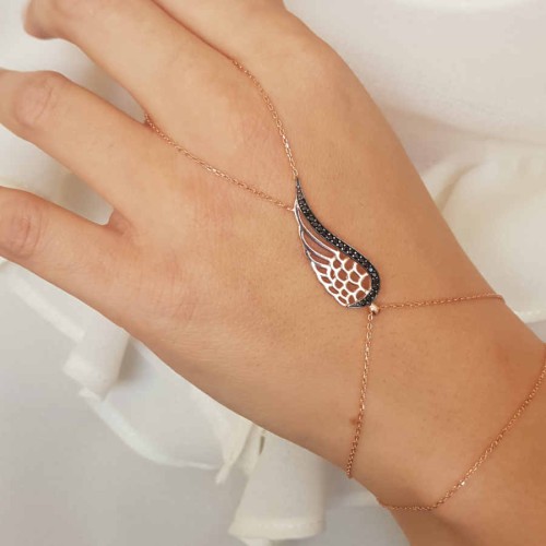 Siyah Taşlı Melek Kanadı Rosegold Gümüş Şahmeran Bileklik - CNG Jewels (1)
