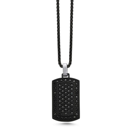 Siyah Taşlı Siyah Plaka Çelik Erkek Kolye - CNG Jewels