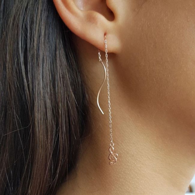 Sol Anahtarı Zincir Rose Gümüş Kadın Küpe - 1