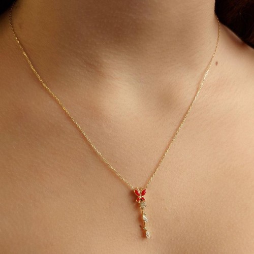 Su Damlası Taşlı Kırmızı Mineli Kelebek Gold Gümüş Bayan Kolye - CNG Jewels
