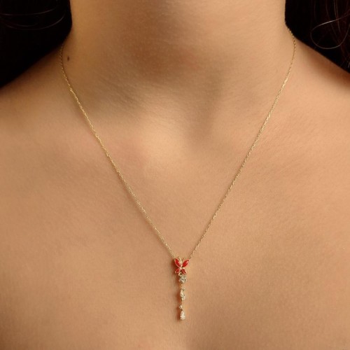 Su Damlası Taşlı Kırmızı Mineli Kelebek Gold Gümüş Bayan Kolye - CNG Jewels (1)