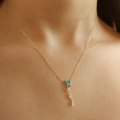 Su Damlası Taşlı Turkuaz Mineli Kelebek Gold Gümüş Bayan Kolye - CNG Jewels