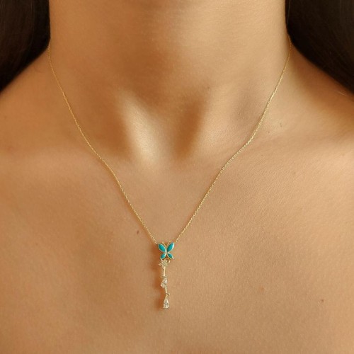 Su Damlası Taşlı Turkuaz Mineli Kelebek Gold Gümüş Bayan Kolye - CNG Jewels (1)