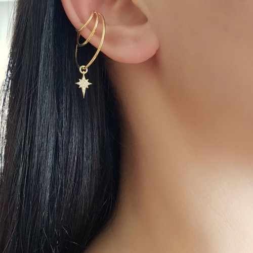 Süzme Üç Halka Kutup Yıldızı Gold Gümüş Bayan Kıkırdak Küpe - CNG Jewels