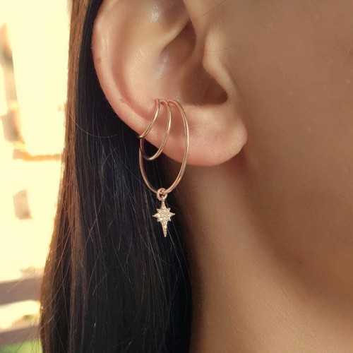 Süzme Üç Halka Kutup Yıldızlı Rosegold Gümüş Bayan Kıkırdak Küpe - CNG Jewels