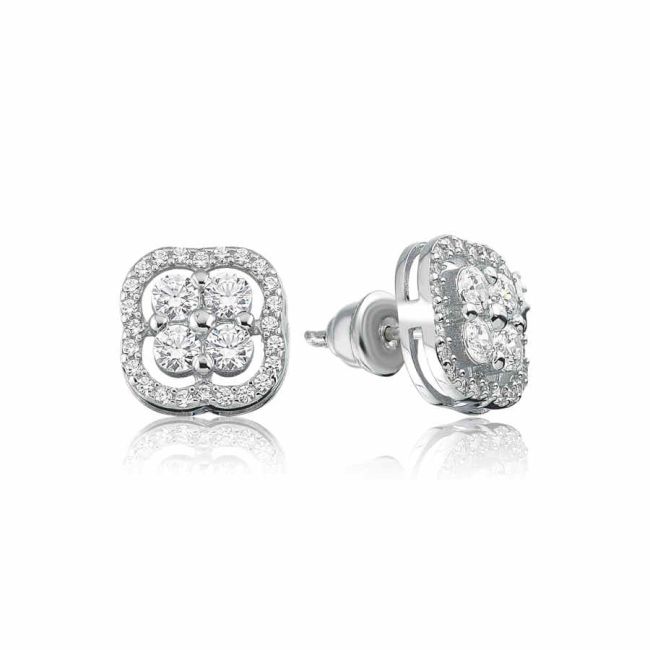 Swarovski Taşlı Pırlanta Modeli Kare Yonca Gümüş Küpe - 1