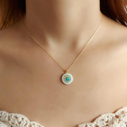 Tasarım Beyaz Mineli Nazar Boncuğu Gümüş Kadın Kolye - CNG Jewels
