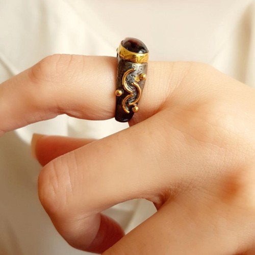 Tasarım Damla Granat Taşlı Kadın Gümüş Yüzük - 3