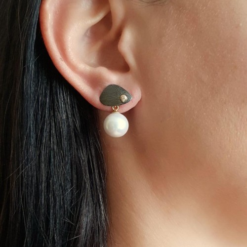 Tasarım Doğal İncili El yapımı Siyah Rodajlı Şapka Gümüş Kadın Küpe - CNG Jewels