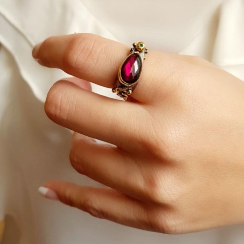 Tasarım El Yapımı Damla Granat Gümüş Kadın Yüzük - CNG Jewels
