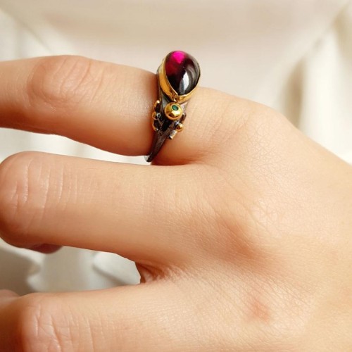 Tasarım El Yapımı Damla Granat Gümüş Kadın Yüzük - CNG Jewels (1)
