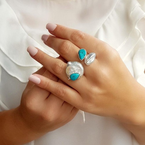 Tasarım El Yapımı Doğal Damla Turkuaz ve İncili Gümüş Bayan Yüzük - CNG Jewels