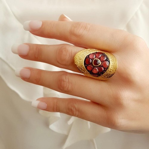 Tasarım El Yapımı Granat Taşlı Oval Gold Gümüş Bayan Yüzük - 3