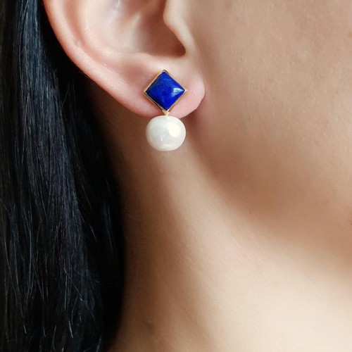 Tasarım El Yapımı Lapis Doğal İncili Gümüş Bayan Küpe - CNG Jewels