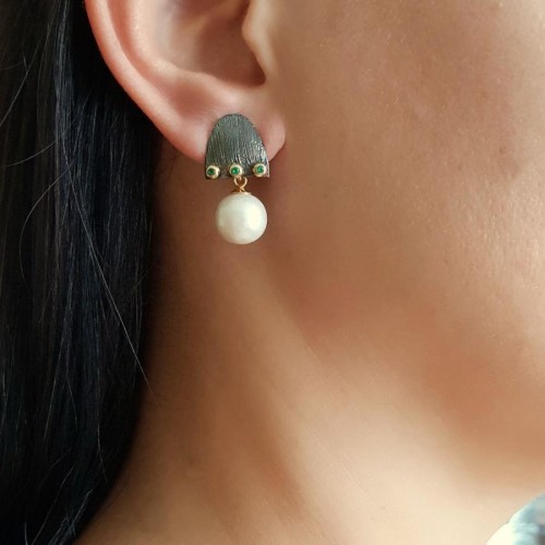 Tasarım El Yapımı Yeşil Taşlı Capello Doğal İncili Gümüş Bayan Küpe - CNG Jewels (1)
