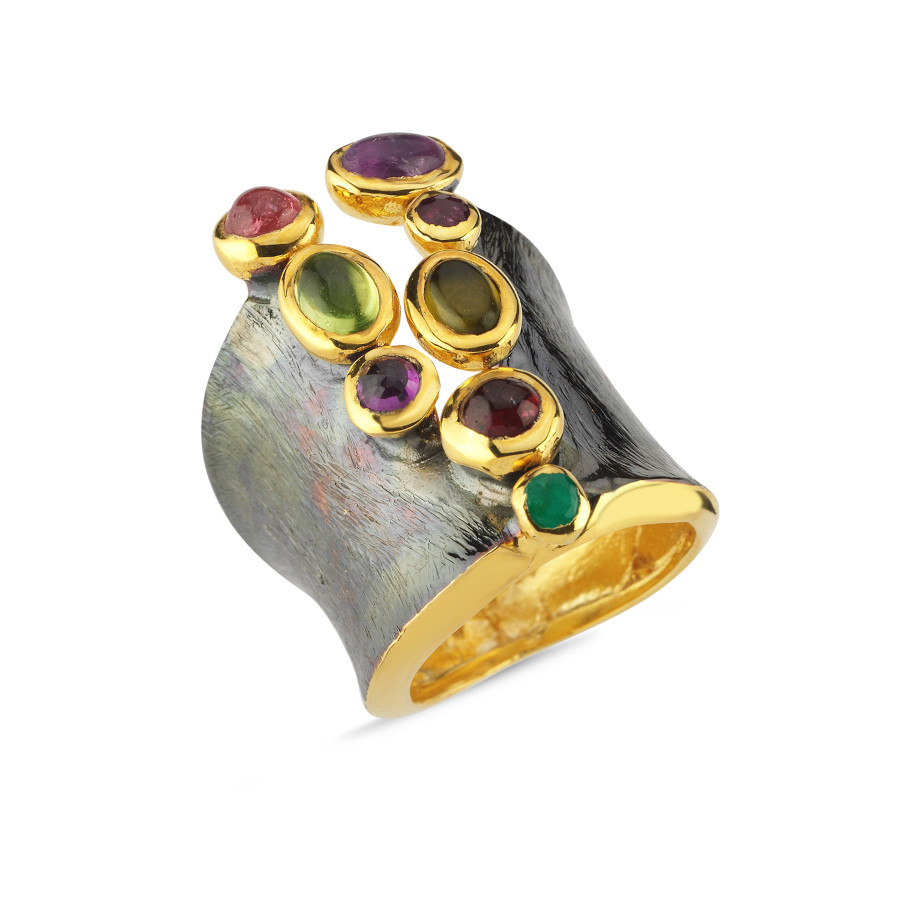 Tasarım Fermuar Mix Doğal Taşlı Kadın Gümüş Yüzük - CNG Jewels