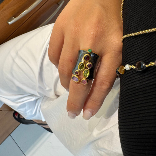 Design Zipper Mix Natural Stone Women's Silver Ring - CNG Jewels (1)