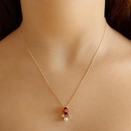 Tasarım İncili Uğur Böceği Gold Gümüş Bayan Kolye - CNG Jewels