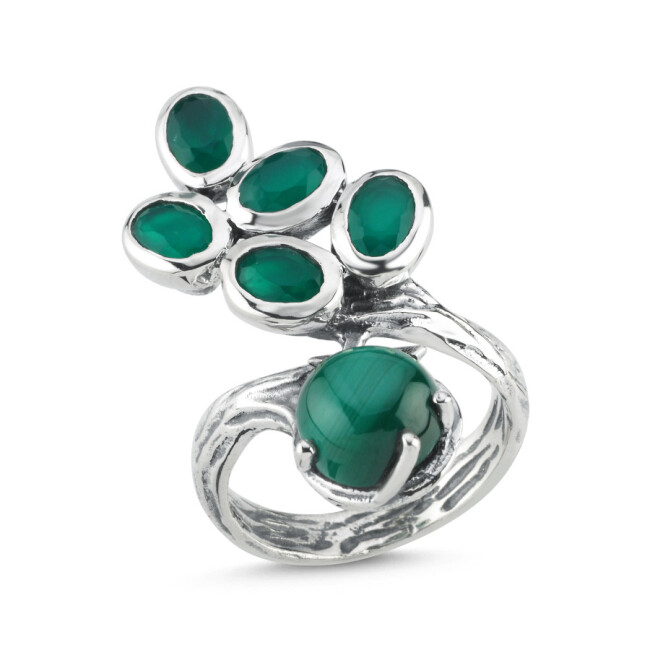 Tasarım Jade Taşlı Ağaç Dalı Kadın Gümüş Yüzük - 1