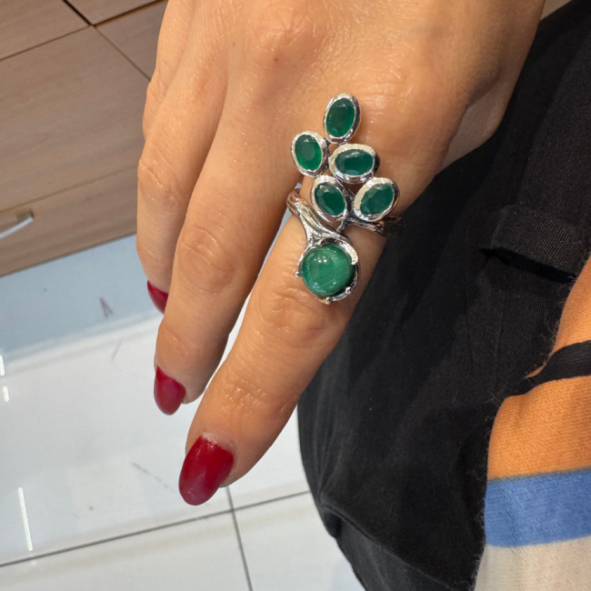 Tasarım Jade Taşlı Ağaç Dalı Kadın Gümüş Yüzük - 2