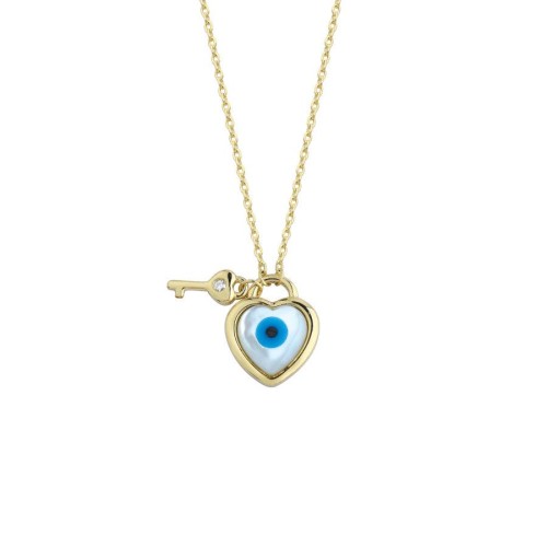 Tasarım Kalpli Nazar Boncuğu Kilit Anahtar Gümüş Kadın Kolye - CNG Jewels