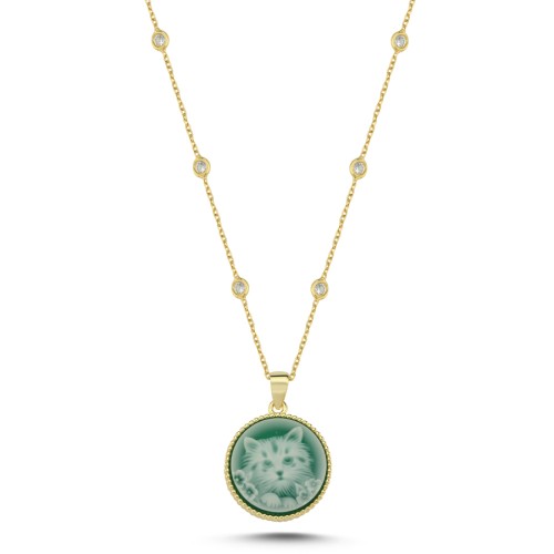 Tasarım Kedi İşlemeli Yeşil Taşlı Gümüş Kolye 