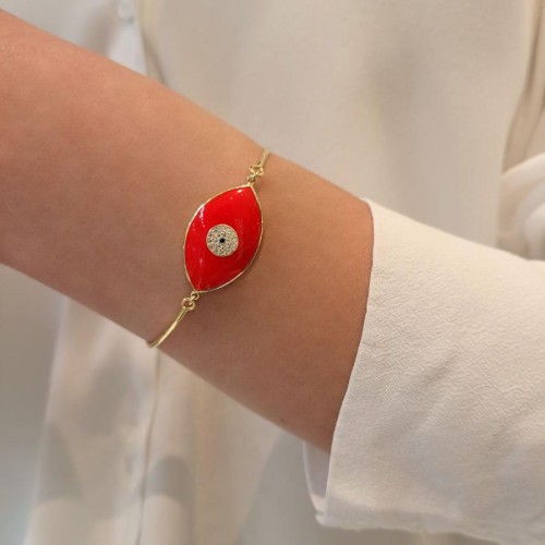 Tasarım Kırmızı Mineli Badem Göz Gümüş Kadın Bileklik - CNG Jewels