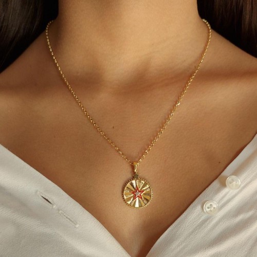 Tasarım Kırmızı Yıldız Madalyon Gümüş Bayan Kolye - CNG Jewels