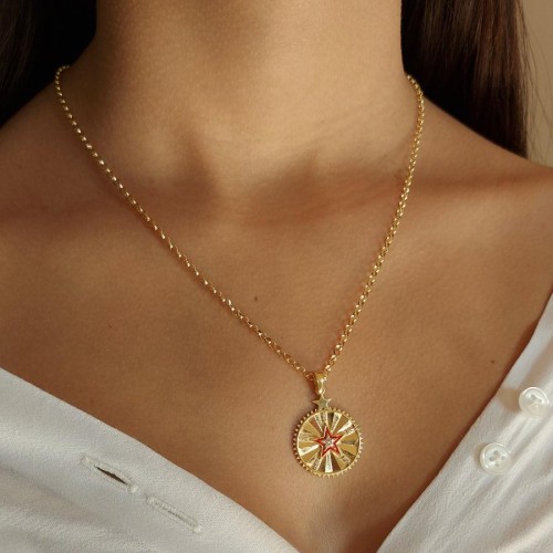 Tasarım Kırmızı Yıldız Madalyon Gümüş Bayan Kolye - CNG Jewels (1)