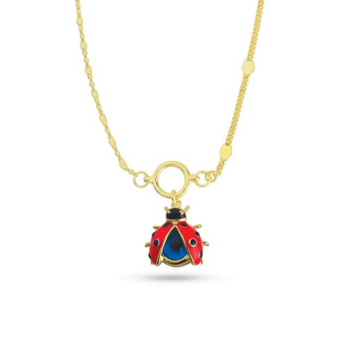 Tasarım Kırmızı Uğur Böceği Gold Gümüş Kadın Kolye - CNG Jewels
