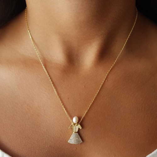 Tasarım Kız Çocuk Gerçek İnci Kadın Gümüş Kolye - CNG Jewels
