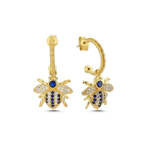 Tasarım Mavi Arı Sallantılı Gümüş Küpe - CNG Jewels