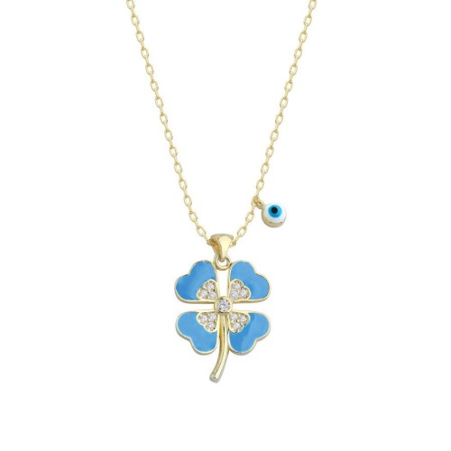 Tasarım Mavi Mineli Yonca Gümüş Kadın Kolye - CNG Jewels