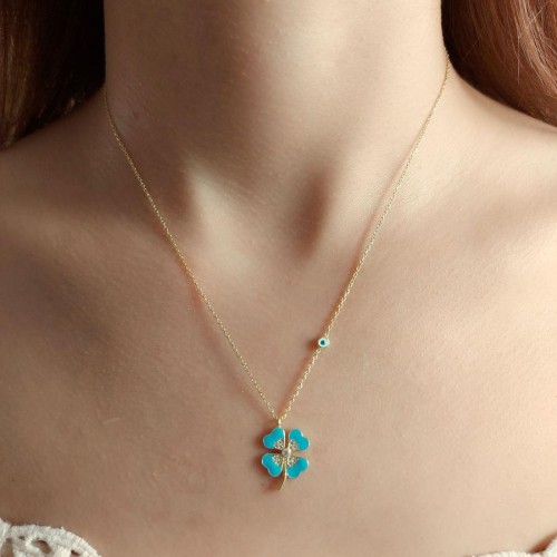 Tasarım Mavi Mineli Yonca Gümüş Kadın Kolye - CNG Jewels (1)