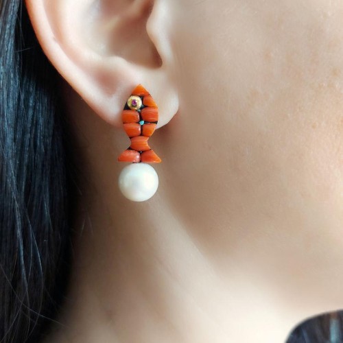 Tasarım Mercan Balık ve Doğal İncili Gümüş Bayan Küpe - CNG Jewels