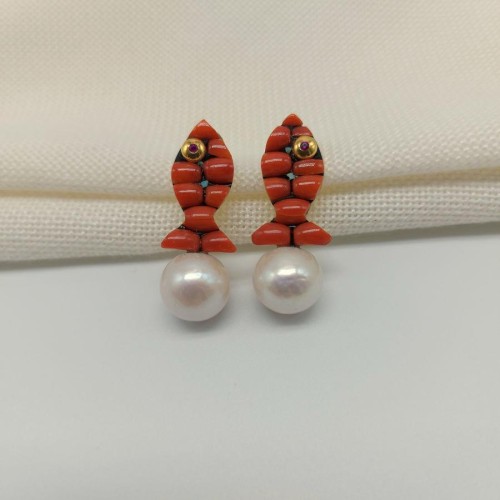 Tasarım Mercan Balık ve Doğal İncili Gümüş Bayan Küpe - CNG Jewels (1)