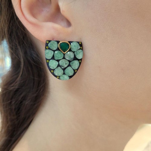 Tasarım Mozaik Aventurin ve Jade Gümüş Kadın Küpe - CNG Jewels