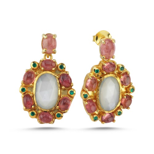 Tasarım Pembe Turmalin ve Aytaşı Kadın Gümüş Küpe - CNG Jewels