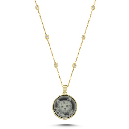 Tasarım Siyah Kedi İşlemeli Kadın Gümüş Kolye - CNG Jewels
