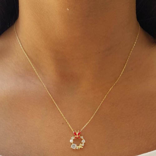 Tasarım Taşlı İncili Kırmızı Kelebek Gümüş Bayan Kolye - CNG Jewels