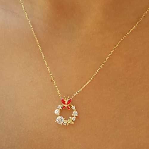 Tasarım Taşlı İncili Kırmızı Kelebek Gümüş Bayan Kolye - CNG Jewels (1)