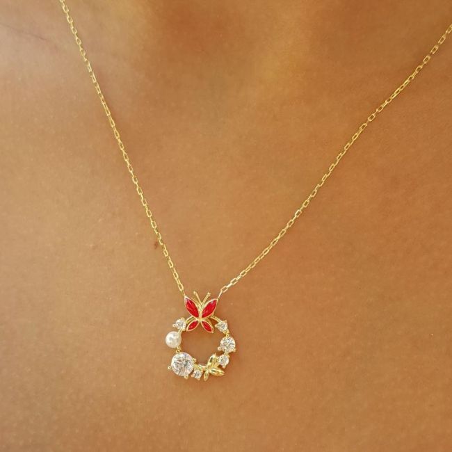 Tasarım Taşlı İncili Kırmızı Kelebek Gümüş Kadın Kolye - 2