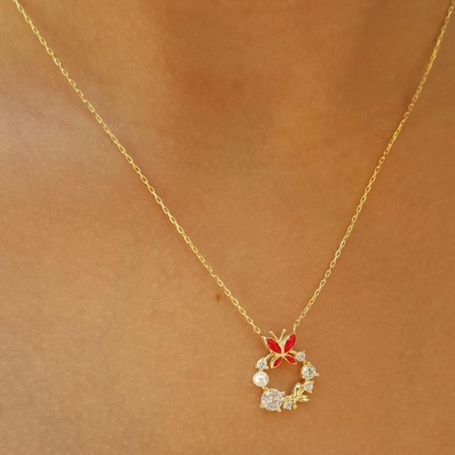 Tasarım Taşlı İncili Kırmızı Kelebek Gümüş Kadın Kolye - 3