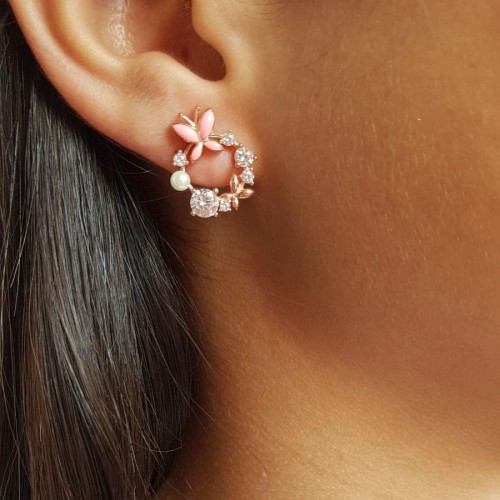 Tasarım Taşlı İncili Pembe Kelebek Gümüş Bayan Küpe - CNG Jewels (1)
