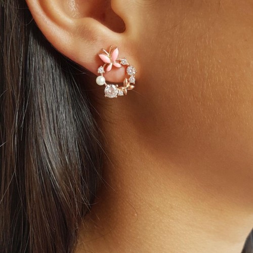 Tasarım Taşlı İncili Pembe Kelebek Gümüş Kadın Küpe - CNG Jewels