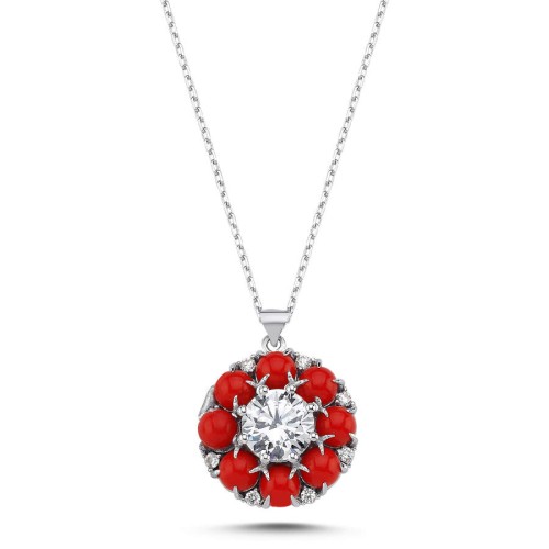 Tasarım Tektaş Pave Mercan Kadın Gümüş Kolye - CNG Jewels