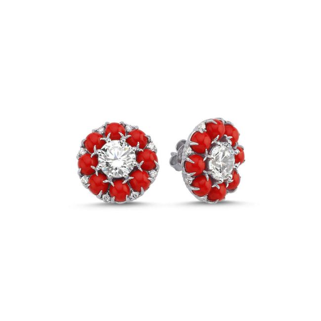 Tasarım Tektaş Pave Mercan Kadın Gümüş Küpe - 1