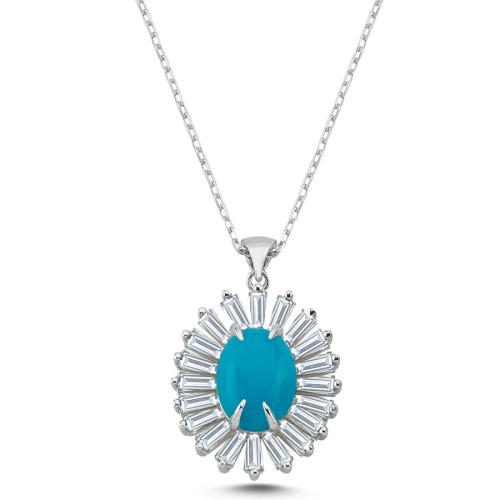 Tasarım Turkuaz Taşlı Papatya Kadın Gümüş Kolye - CNG Jewels