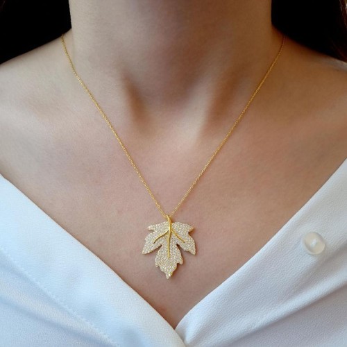 Tasarım Çınar Yaprağı Gümüş Kadın Kolye - CNG Jewels (1)