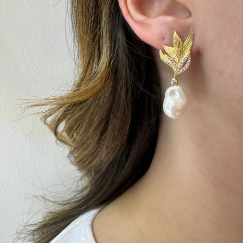 Tasarım Yaprak Sallantılı Amorf İnci Kadın Gümüş Küpe - CNG Jewels (1)